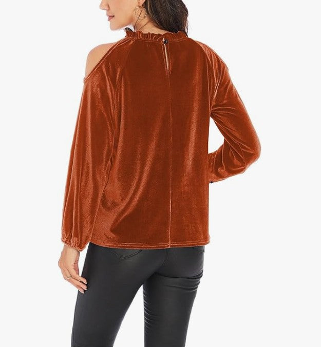 Women's Cold Shoulder Velvet Blouse - Rust Brown