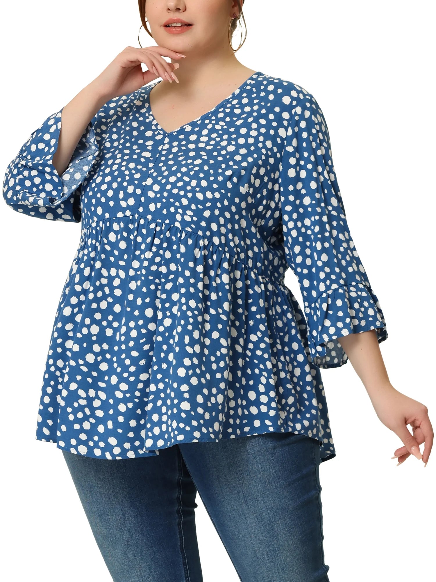 Women'S plus Size Tops Polka Dots V Neck 3/4 Sleeves Peplum Hem Babydoll Blouses 3X Blue