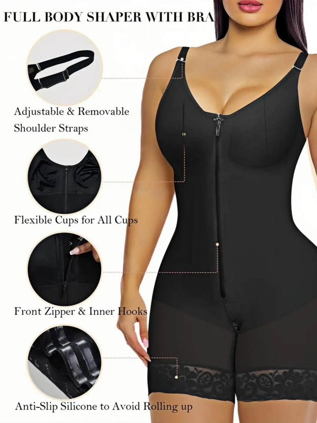  Luxe Curve 1 Count Women'S Colombianas Shapewear Bodysuit, Fajas, Tummy Control Butt Lifter Shaper with Zipper Crotch & Shoulder Strap, Womenswear, High-Elastic Jumpsuit, Firm Waist and Lift Buttocks Body Shaperwear, Suitable for Daily,Sport,Yoga