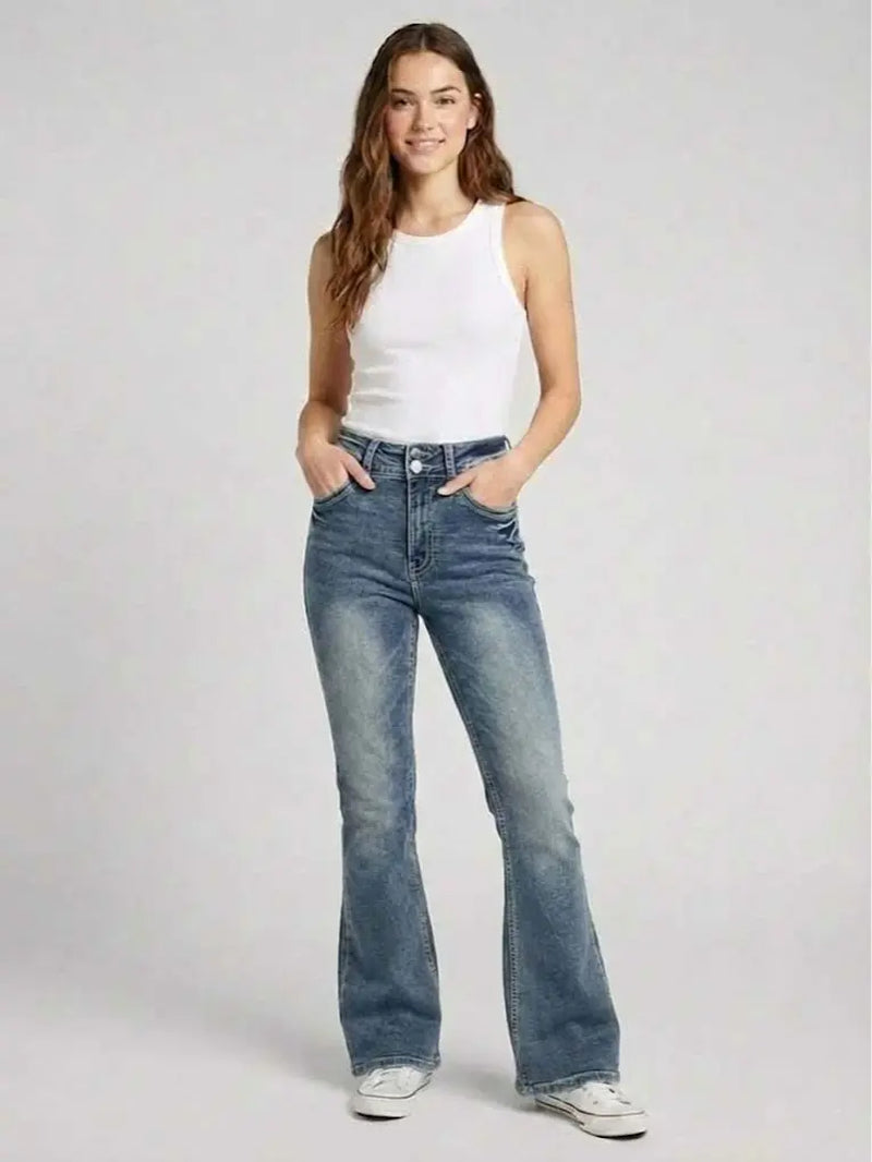 70562-Women'S High Rise Bootcut Jeans, Double-Button Denim Pants for Comfortable Style, Distressed Back Pocket Slim Fit
