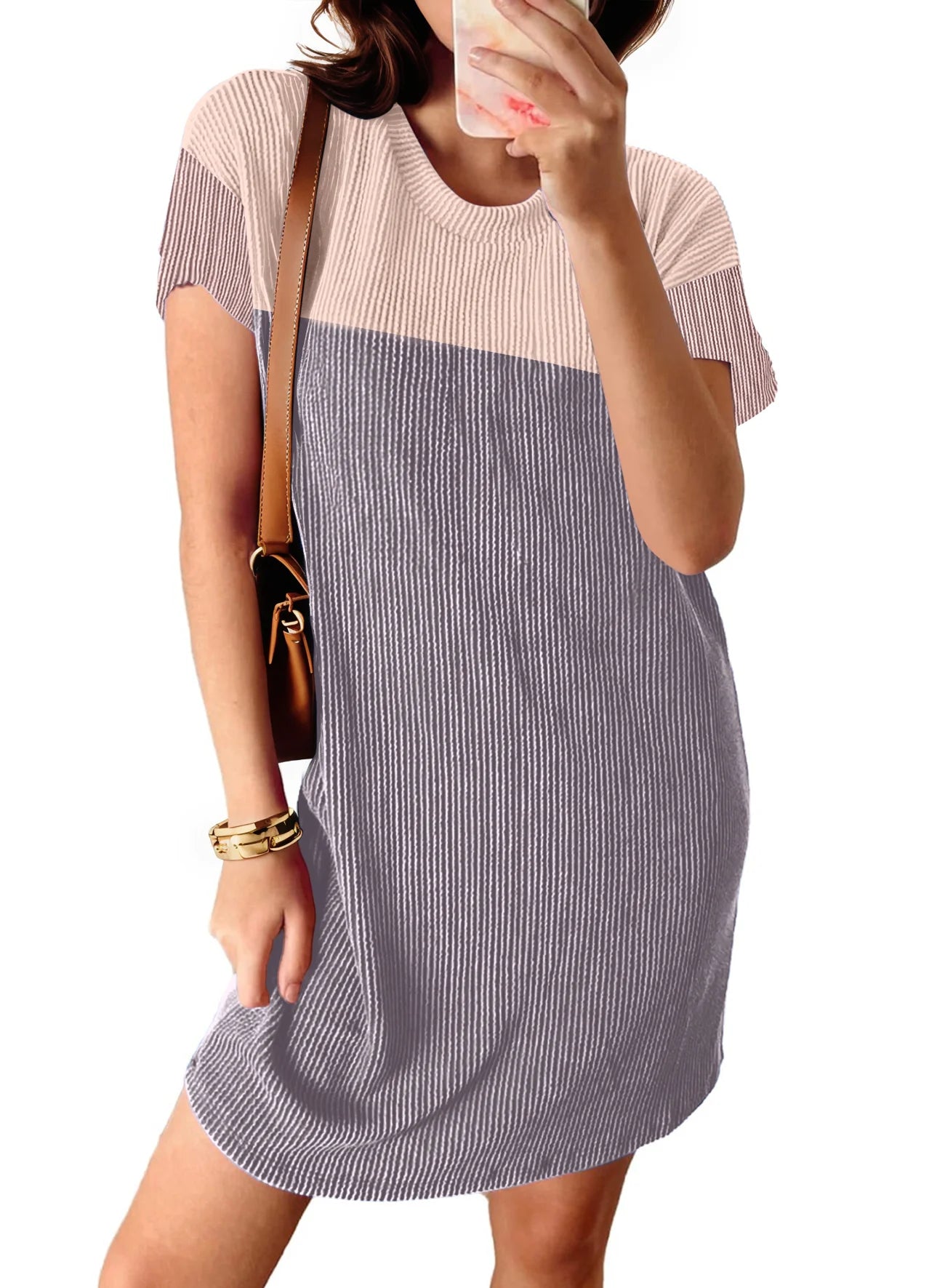 Summer Color Block Dresses for Women Crewneck Short Sleeve T Shirts Dress Ribbed Dresses with Pockets