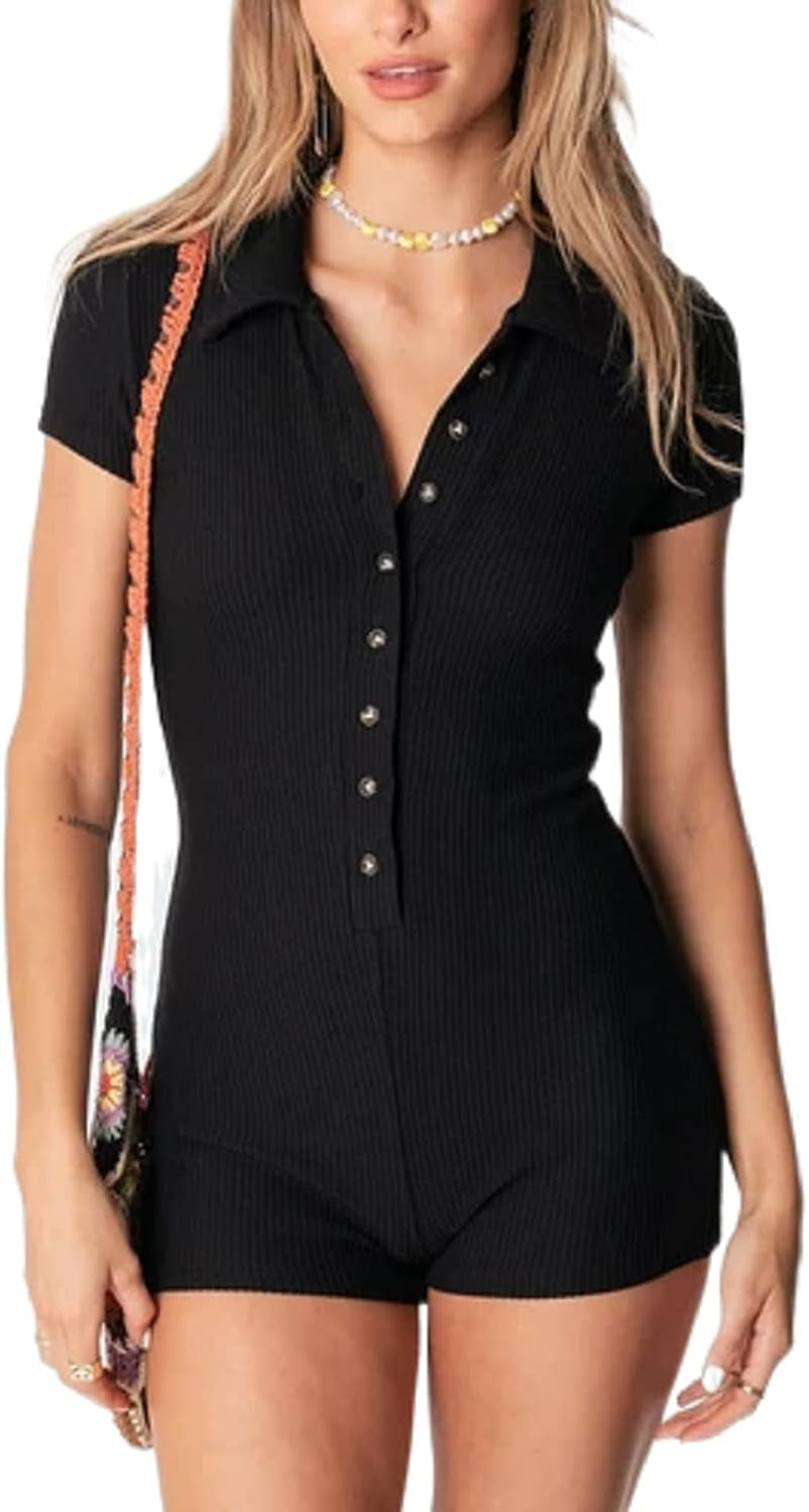 Women’S Sexy Y2K Short Sleeve Bodycon Jumpsuit Short Sleeve Button down Collared Romper One Piece Shorts Playsuit(Black,Medium)