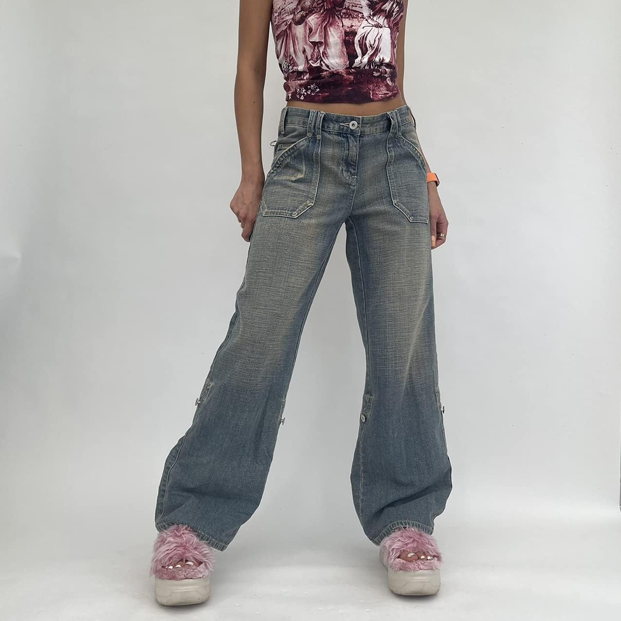 Women Low Waisted Wide Leg Denim Jeans Aesthetic Vintage Baggy Pockets Pants Casual Trousers Y2K E-Girl Streetwear Small