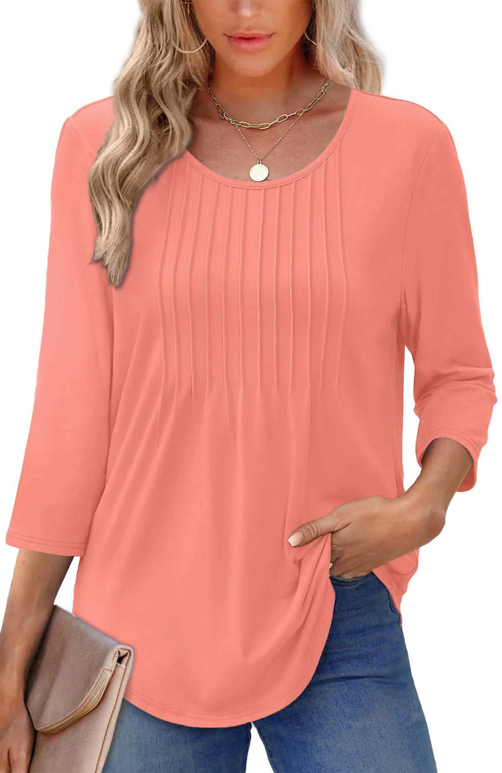 Women Summer Blouses 3/4 Sleeves Loose Fit Shirts Ladies Pleated Crew Neck Tunic Tops