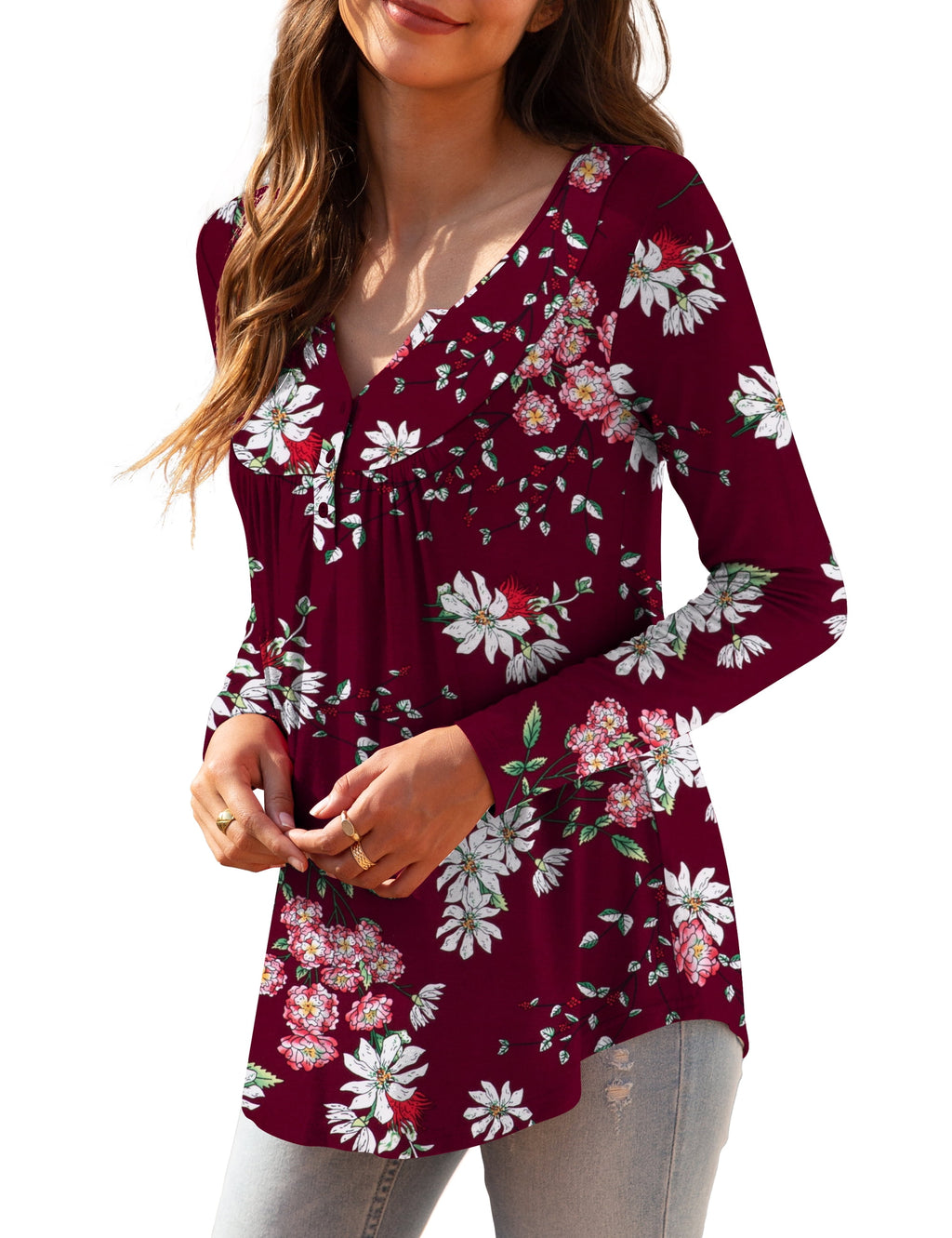 Womens plus Size Long Sleeve Tunic Tops Casual Floral Henley Shirts M-4X