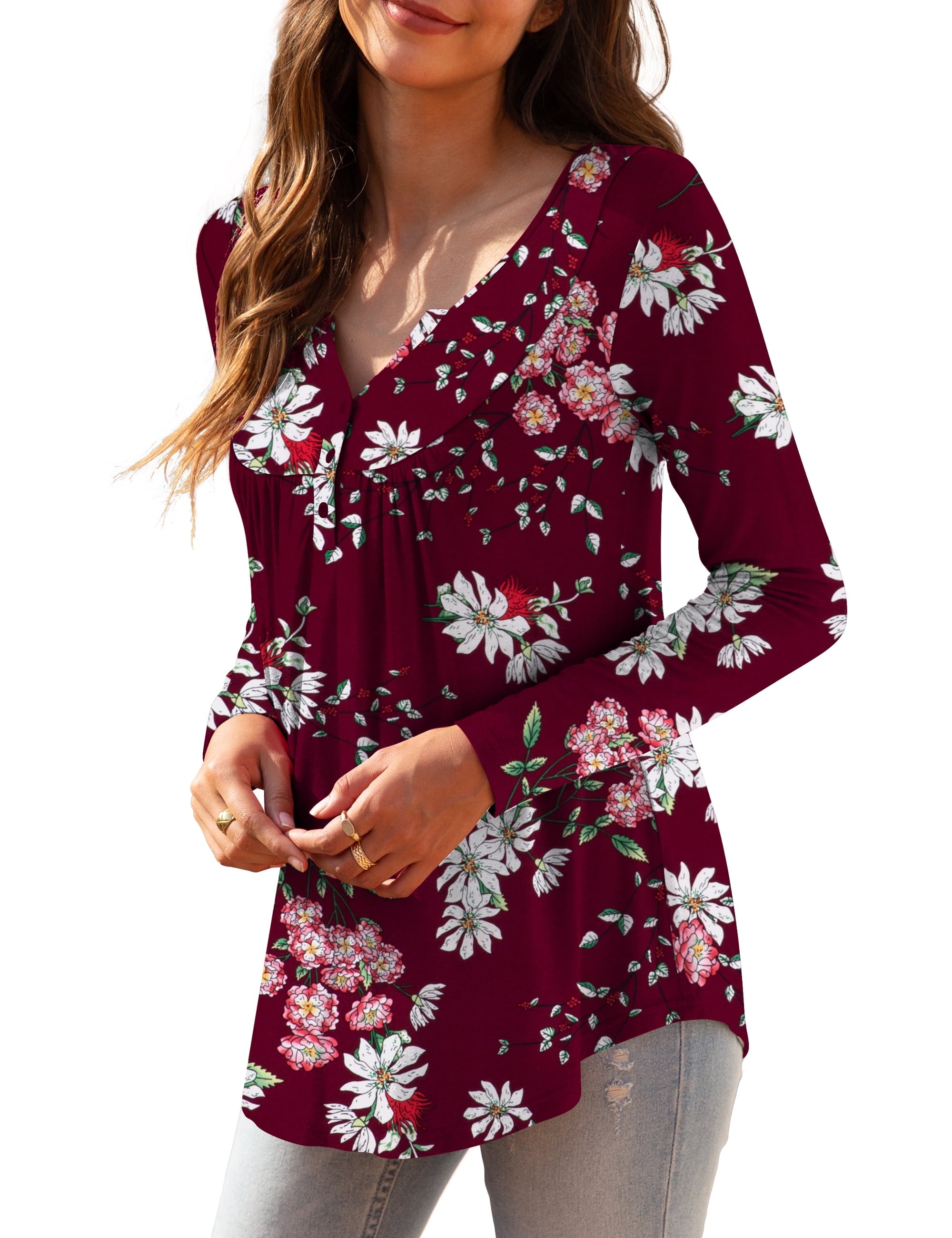 Womens plus Size Long Sleeve Tunic Tops Casual Floral Henley Shirts M-4X