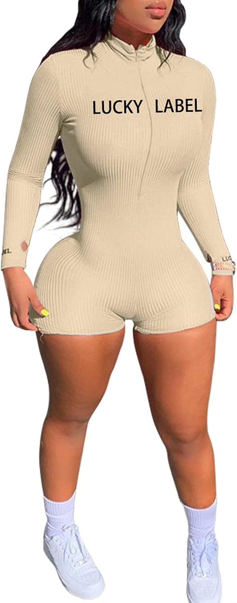 Women Bodycon Jumpsuit Rompers Sexy Long Sleeve Zipper Rib Thumb Hole Stretchy 1 Piece Outfits Bodysuit Beige 2X