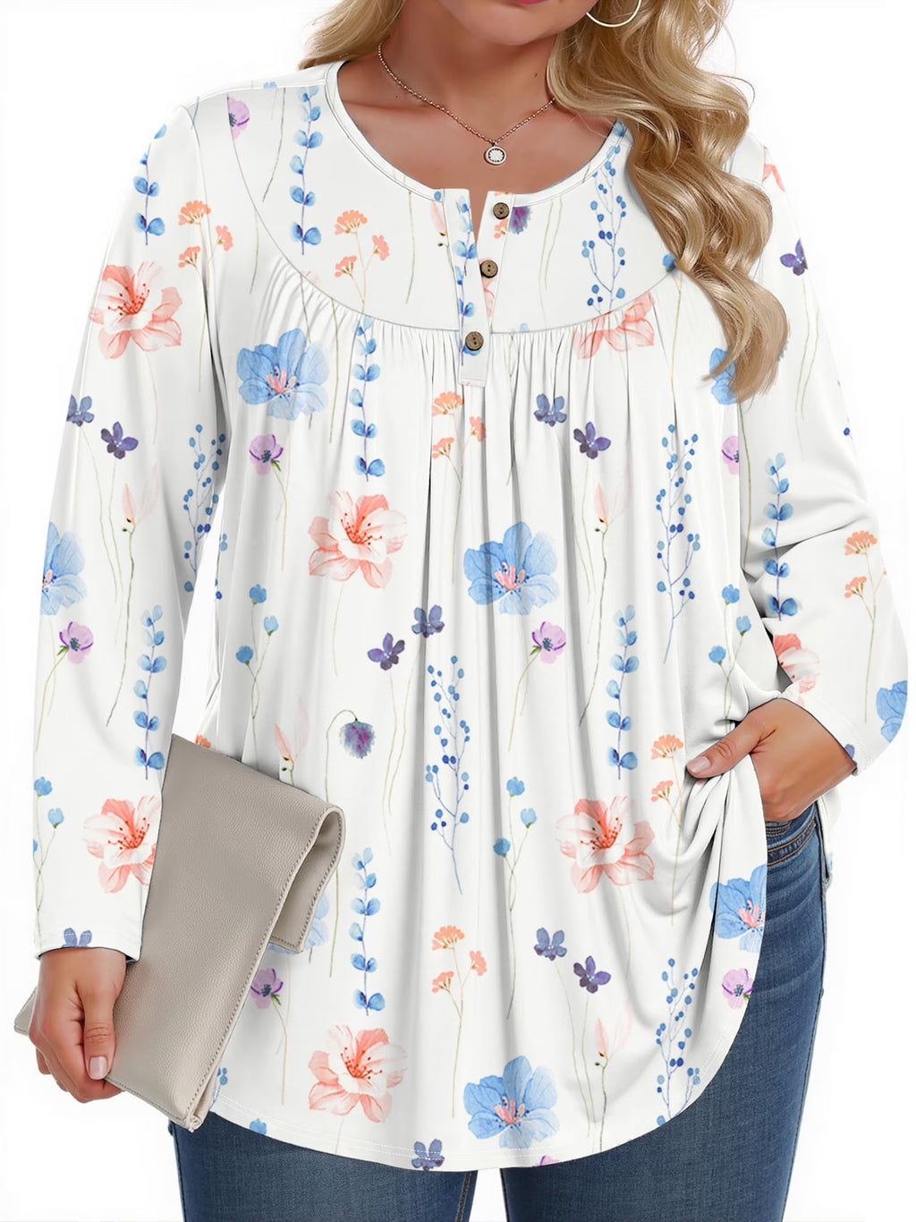 plus Size Womens Blouses Long Sleeve Floral Tunic Tops Henley Neck Flowy Fall Shirts