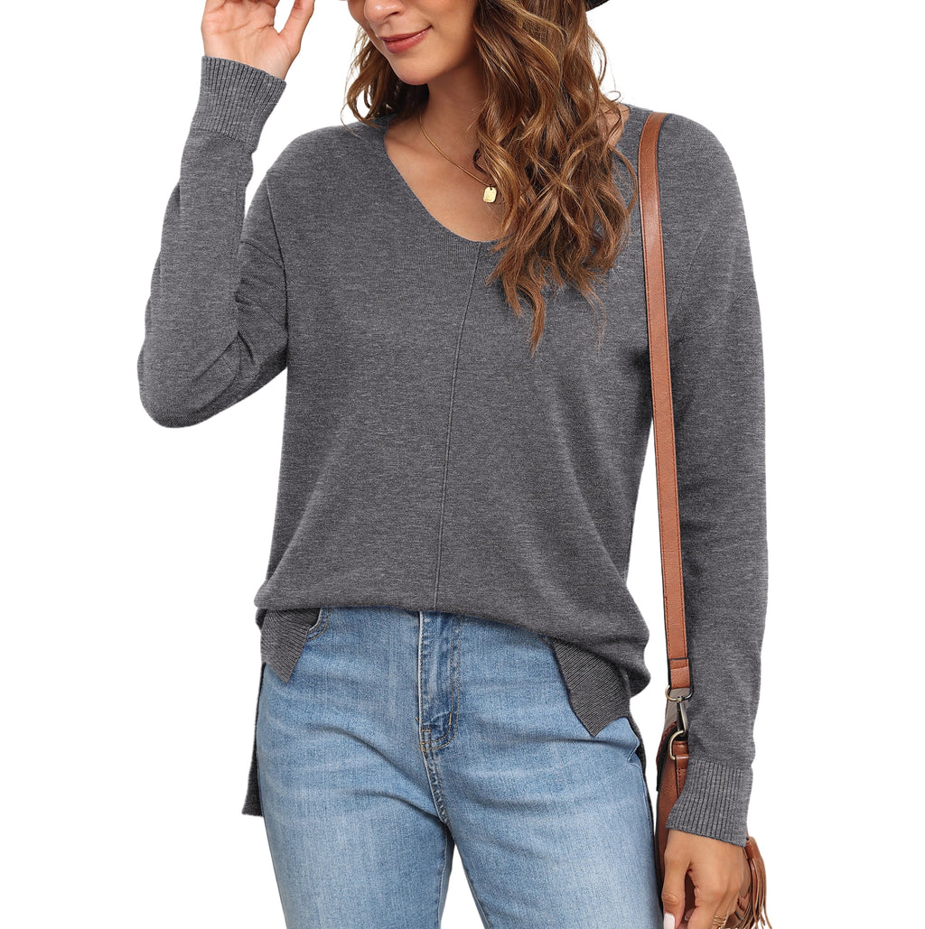 V Neck Sweaters for Women Lightweight Knit Pullover Sweater,Us Size S-2XL in Gray