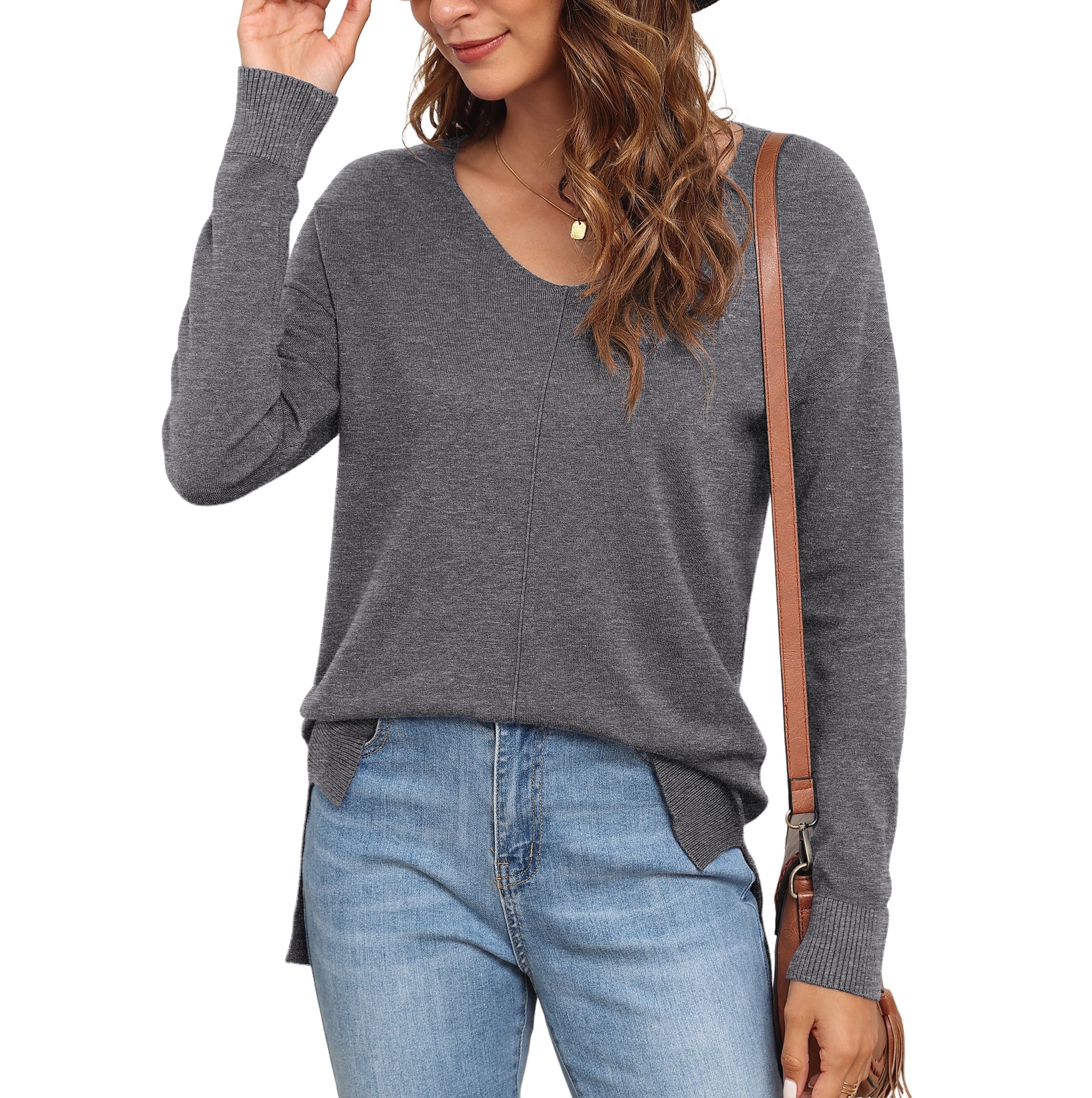 V Neck Sweaters for Women Lightweight Knit Pullover Sweater,Us Size S-2XL in Gray