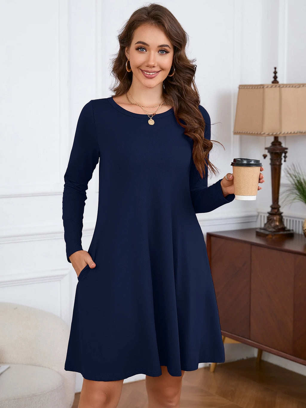 Women'S Long Sleeve Casual Dress Navy Blue 2XL Tunic Dress Loose T-Shirt Dress with Pockets