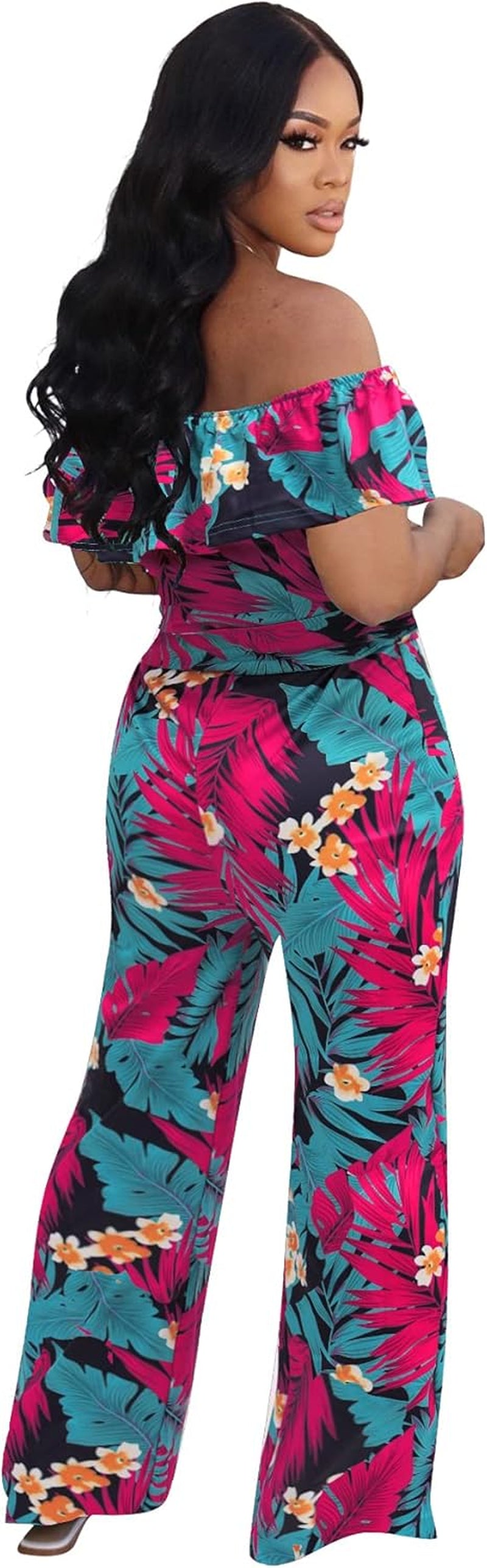 plus Size Jumpsuits for Women Sexy off the Shoulder Floral Print Ruffle Wide Leg Pants Suits