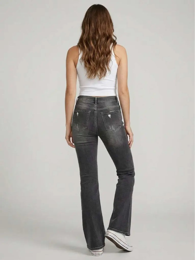70562-Women'S High Rise Bootcut Jeans, Double-Button Denim Pants for Comfortable Style, Distressed Back Pocket Slim Fit