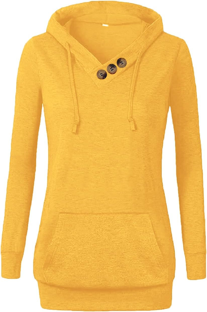 Women'S Sweatshirts Long Sleeve Button V-Neck Pockets Pullover Hoodies
