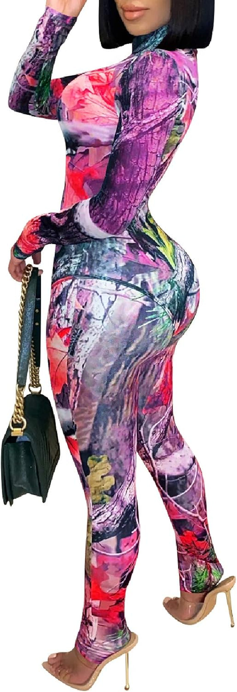 Women'S Sexy Bodycon Jumpsuit See through Mesh Bodysuit Long Sleeve Turtle Neck Romper Clubwear