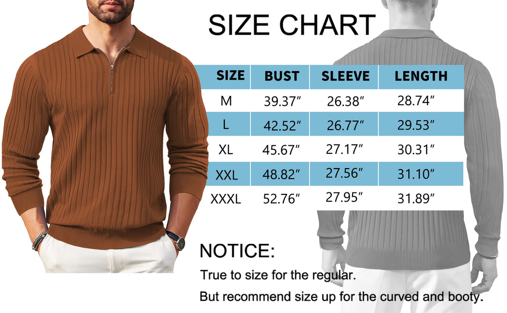 Polo Shirts for Men Casual Long Sleeve Mens Shirts Zipper Ribbed Knit Shirt