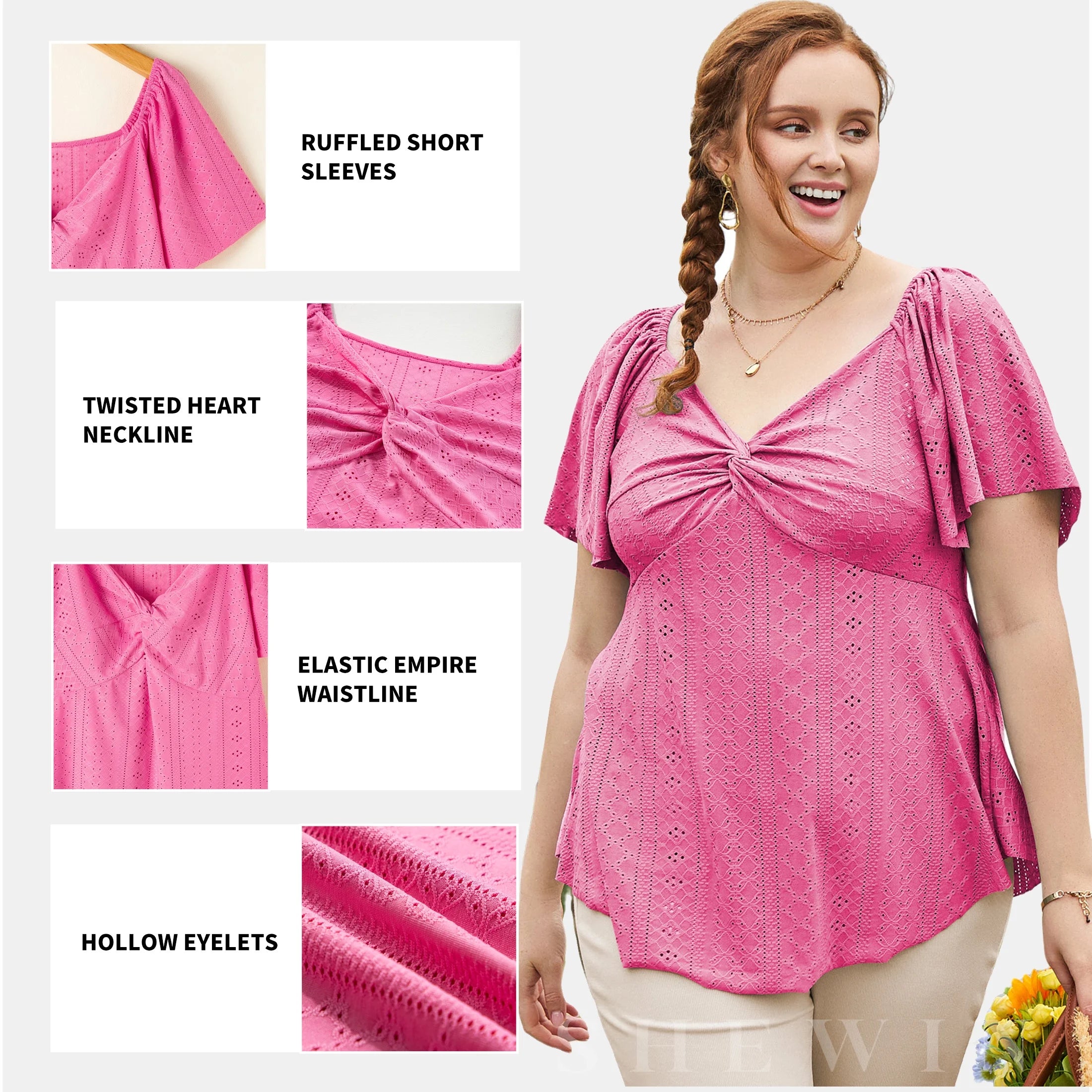 plus Size Tops for Women Short Sleeve Shirts Hollow Out Basic V Neck Summer Tshirts High Elasticity Casual Tunics