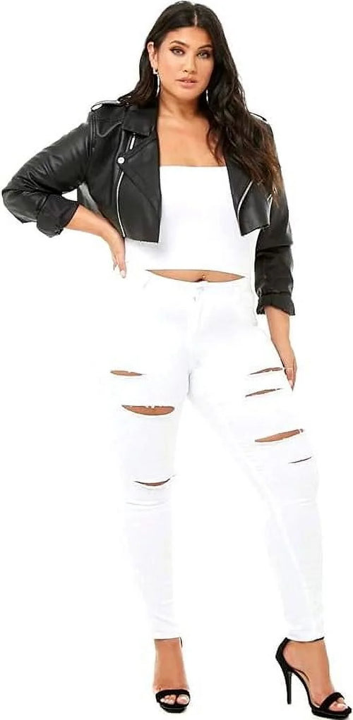 BQ6008-R Womens plus Size Stretch Distressed Ripped Skinny Twill Jeans Pants