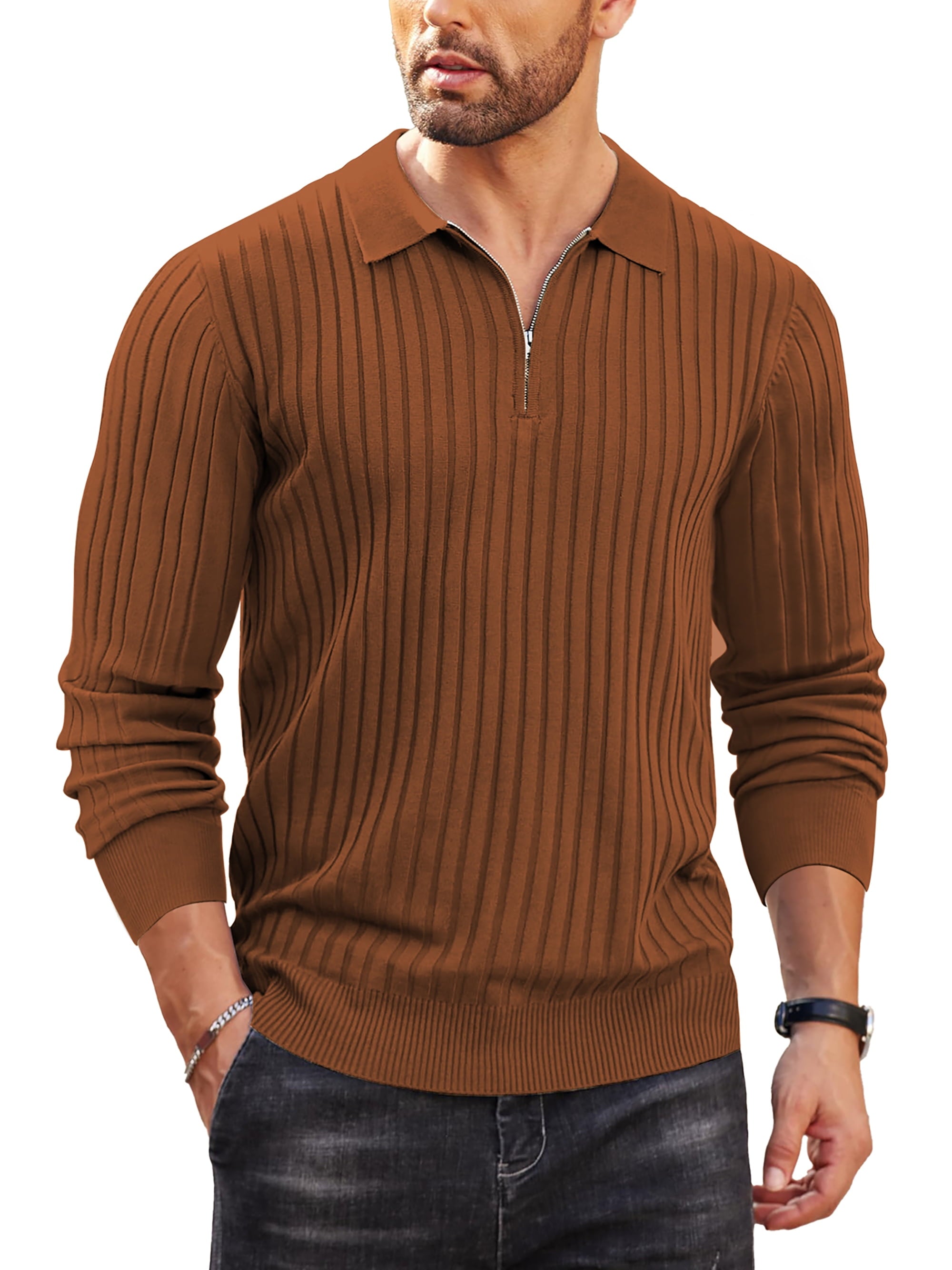Polo Shirts for Men Casual Long Sleeve Mens Shirts Zipper Ribbed Knit Shirt