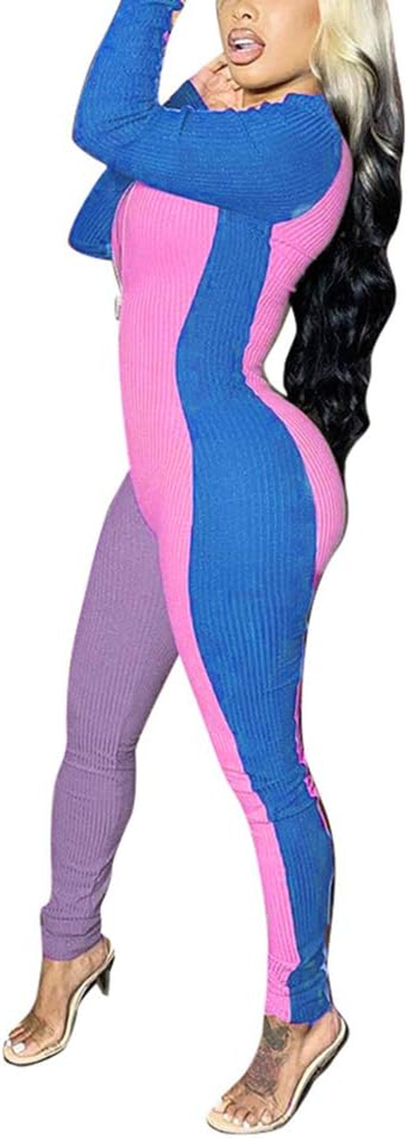Womens Sexy Color Block Zip up Long Sleeve Bodycon Jumpsuits Clubwear Purple Size L