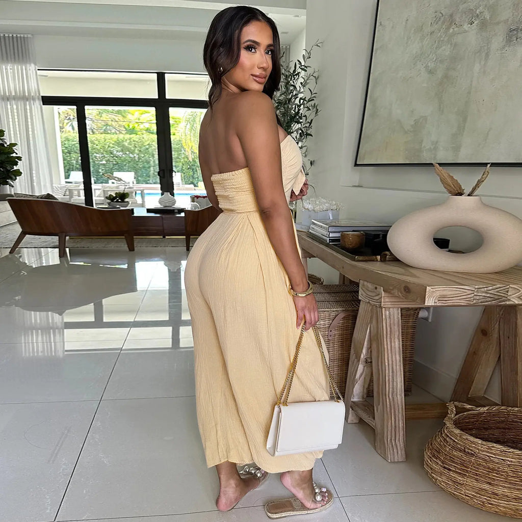 Echoine Strapless Tube Top Jumpsuit Women'S Backless Smocked Waist Harem Pants One Piece Overalls with Side Pockets Fashionable Summer Beach Wear Solid Color