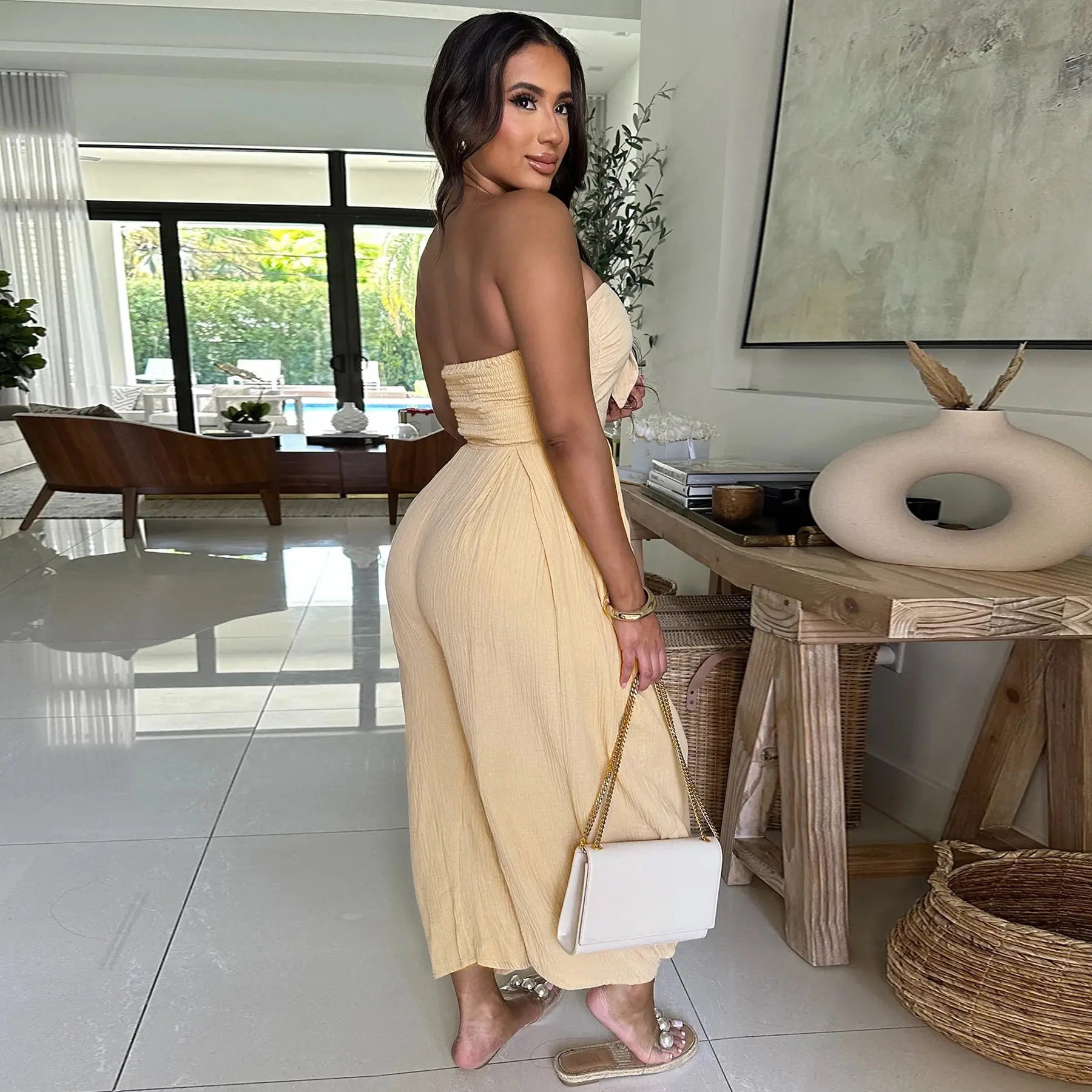 Echoine Strapless Tube Top Jumpsuit Women'S Backless Smocked Waist Harem Pants One Piece Overalls with Side Pockets Fashionable Summer Beach Wear Solid Color