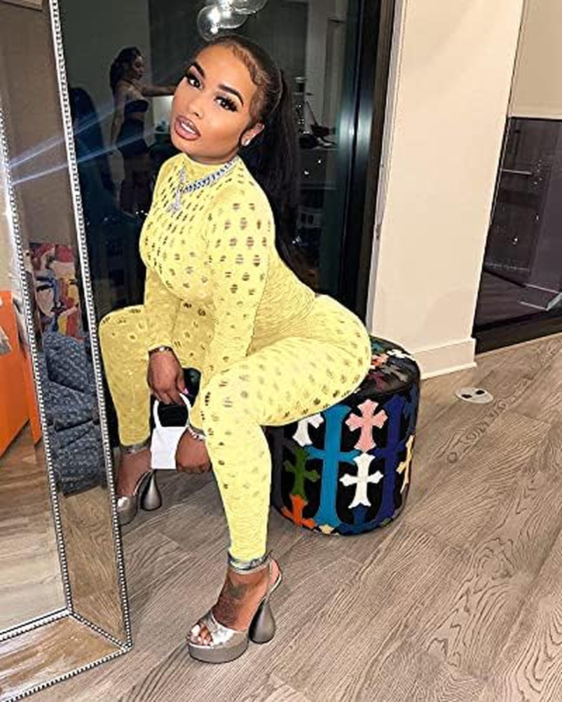 Jumpsuits for Women Elegant Long Sleeve Hollow Out Jumper One Piece Club Outfits Yellow M