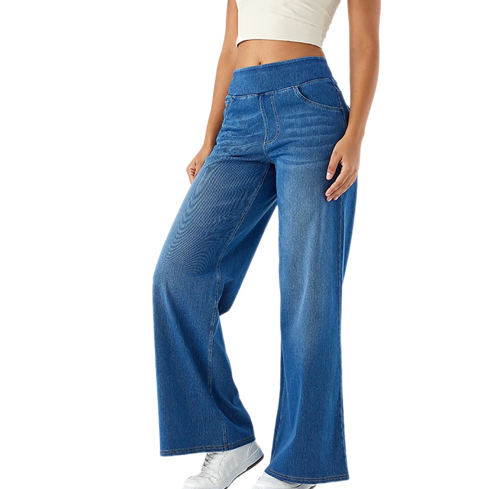 Women'S Fashion Jeans High Waisted Wide Leg Jeans Summer Casual Straight Baggy Jeans Color Block Patch Denim Trousers Blue,M
