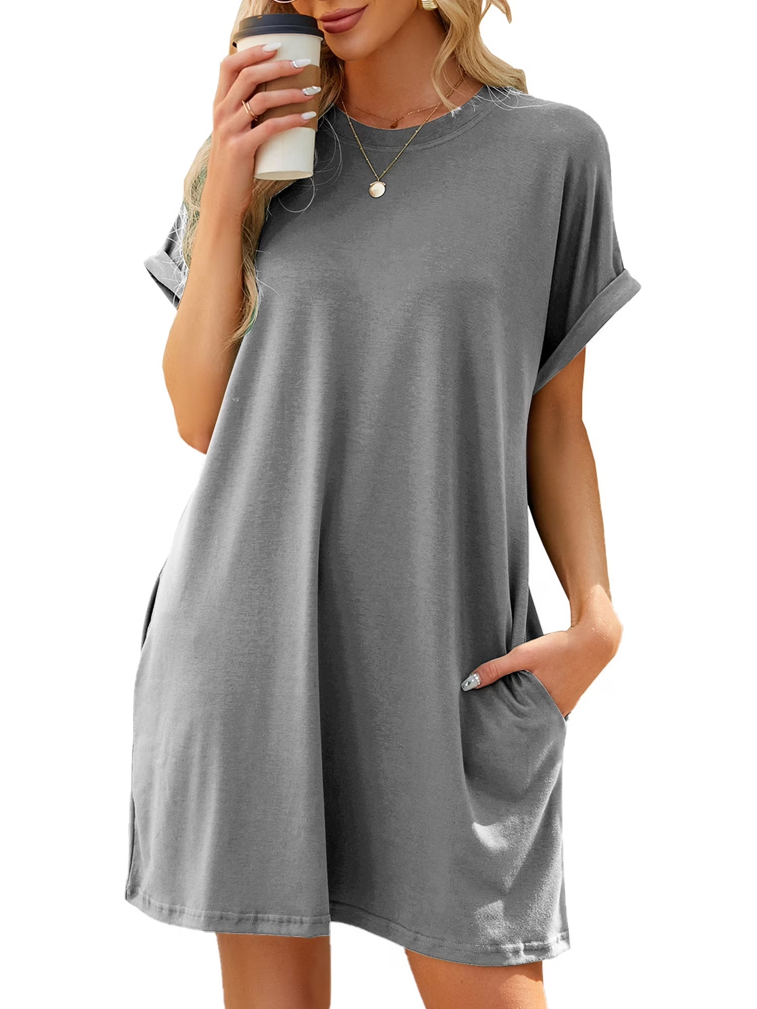Women’S Summer Short Sleeve T-Shirt Dress Casual Loose Slit Beach Mini Dress Tunic Tops Womens Clothes Solid Color Lightgray plus Size XXL