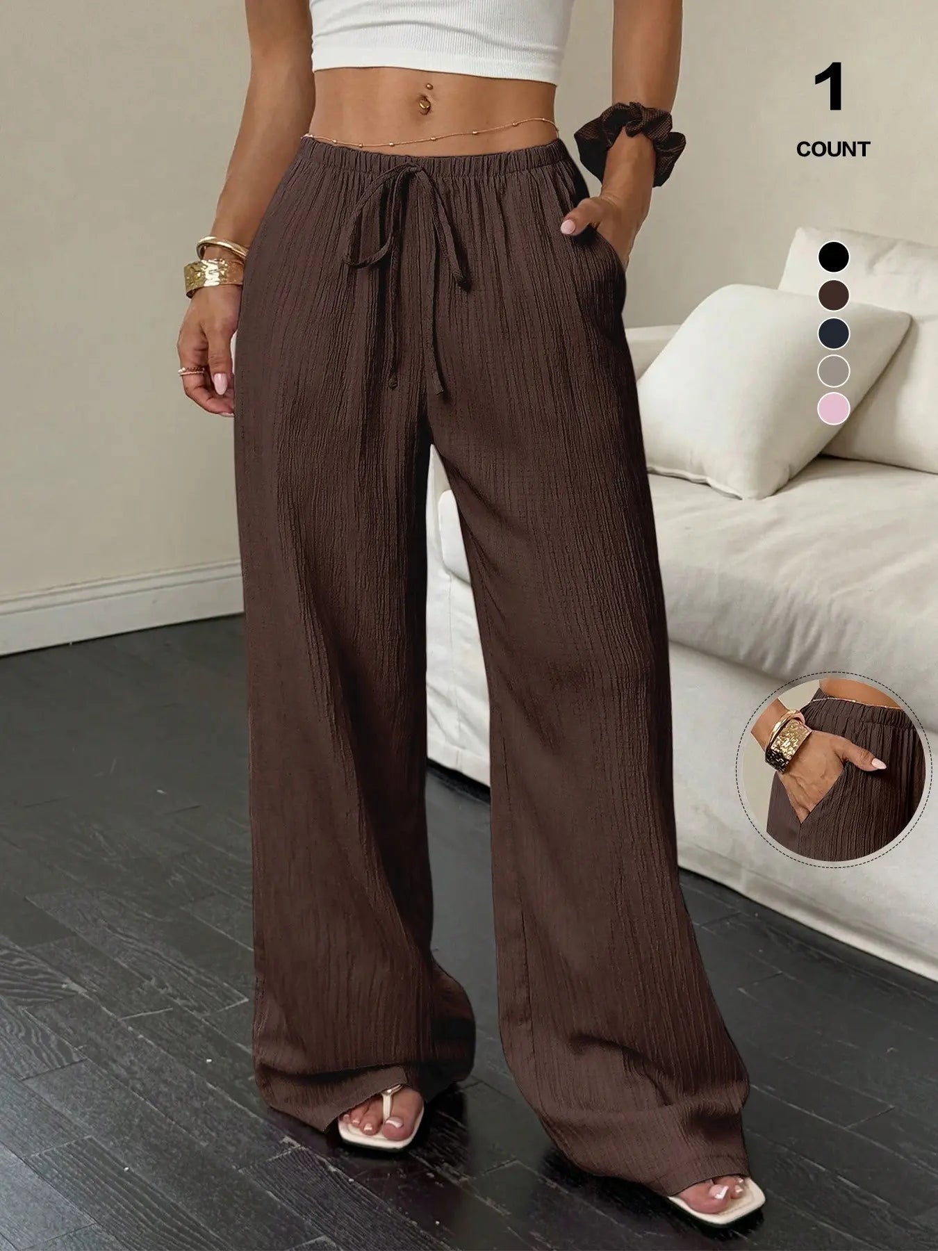 Women'S Wide Leg Pants, High Waisted Drawstring Palazzo Pants, Lightweight Textured Trousers with Pockets, Casual Lounge Beach Vacation