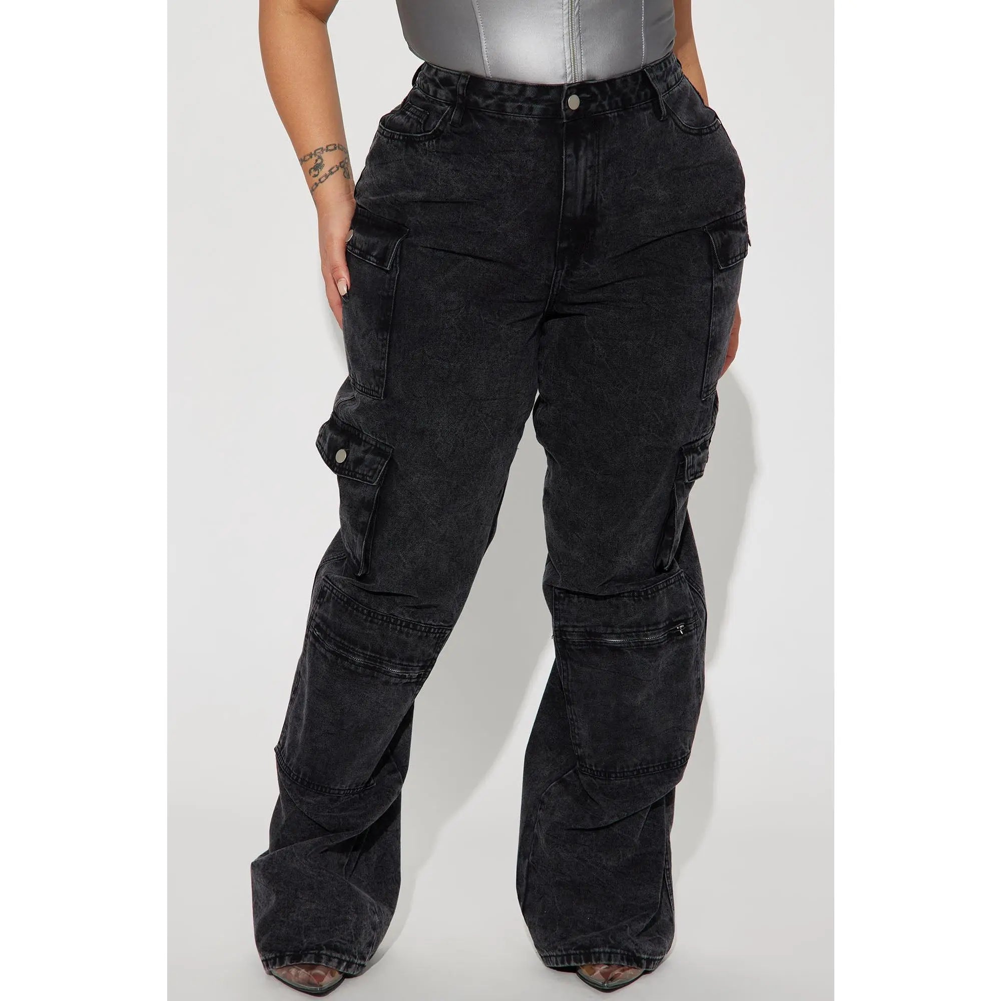 Tall Mad for You Cargo Jeans - Acid Wash Black