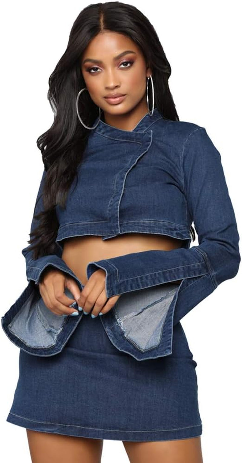 Women 2 Piece Bodycon Shorts-Sexy Nightclub Party Denim Jumpsuit Rompers Long Sleeve Crop Top Mini Jeans Skirt Set
