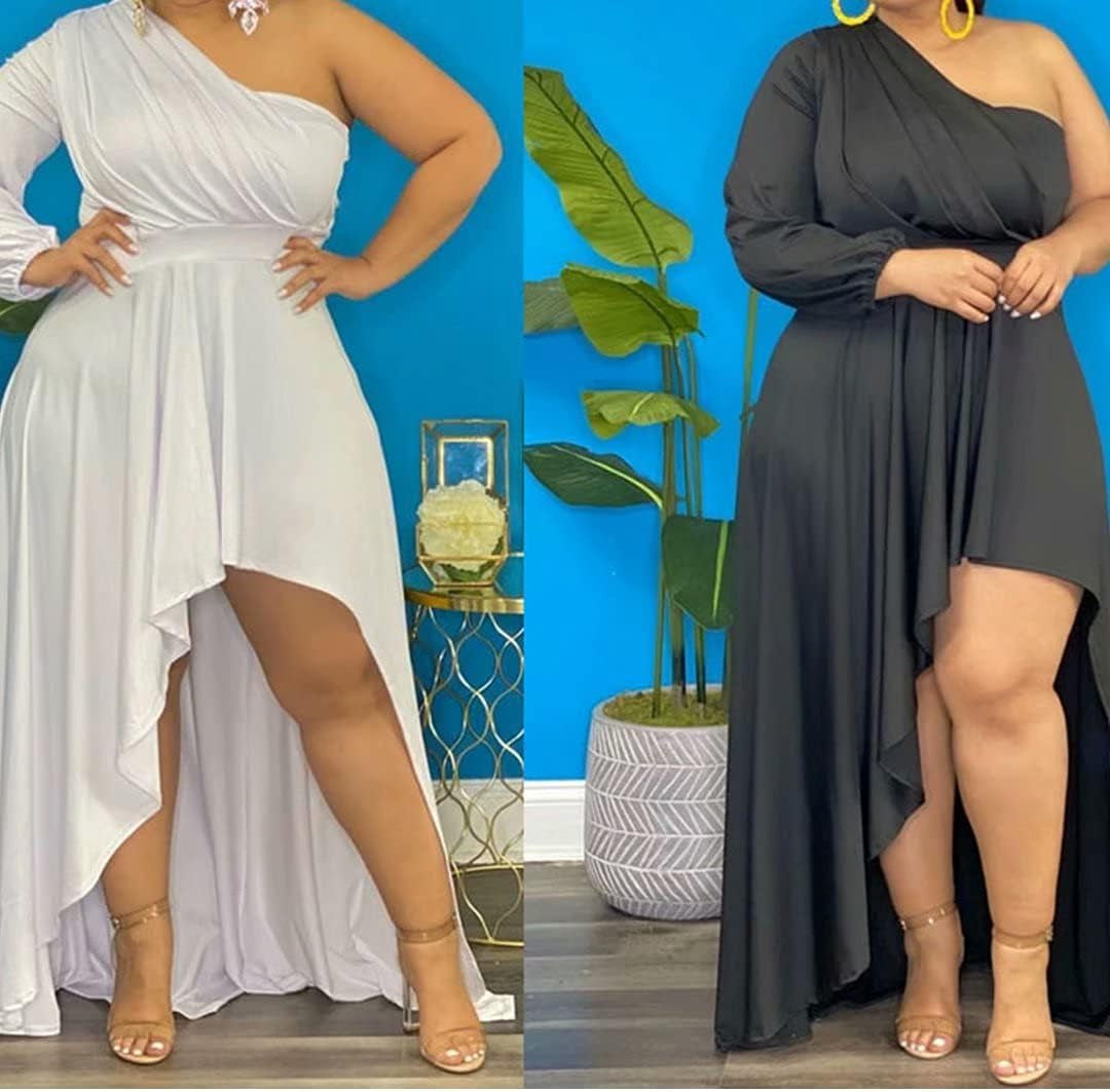 Plus Size Dresses for Women Clubwear - One Shoulder Long Sleeve Ruched High Low Maxi Dress Party Gowns Black 2X