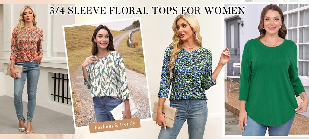 Womens plus Size Tops 3/4 Sleeve Pleated Dressy Blouses Crew Neck Casual Tunic Tops Summer Shirts