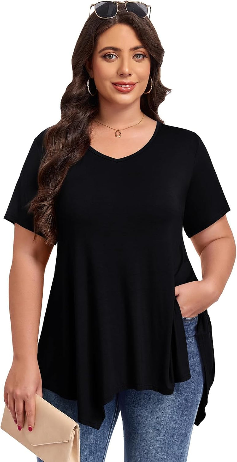 plus Size Tops for Womens Summer Clothes Short Sleeve Shirts Casual V Neck Tunic Asymmetrical Blouses