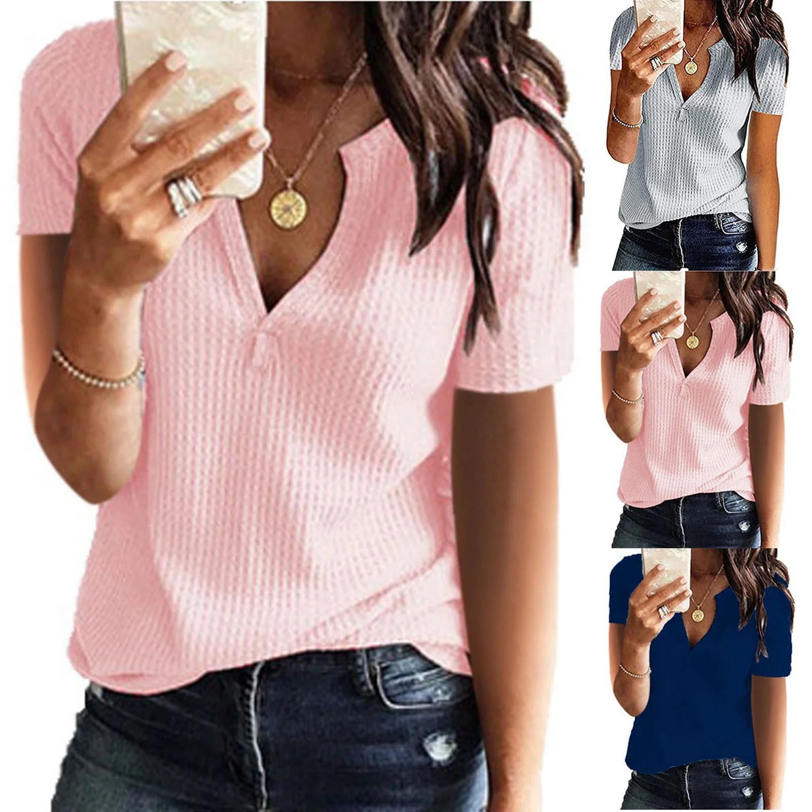 Waffle Knit Tops for Women Short Sleeve V Neck Henley Shirts Summer plus Size Solid Color Tunic Blouses Lightweight T Shirts Weekly Sale,Blue,Xxxl