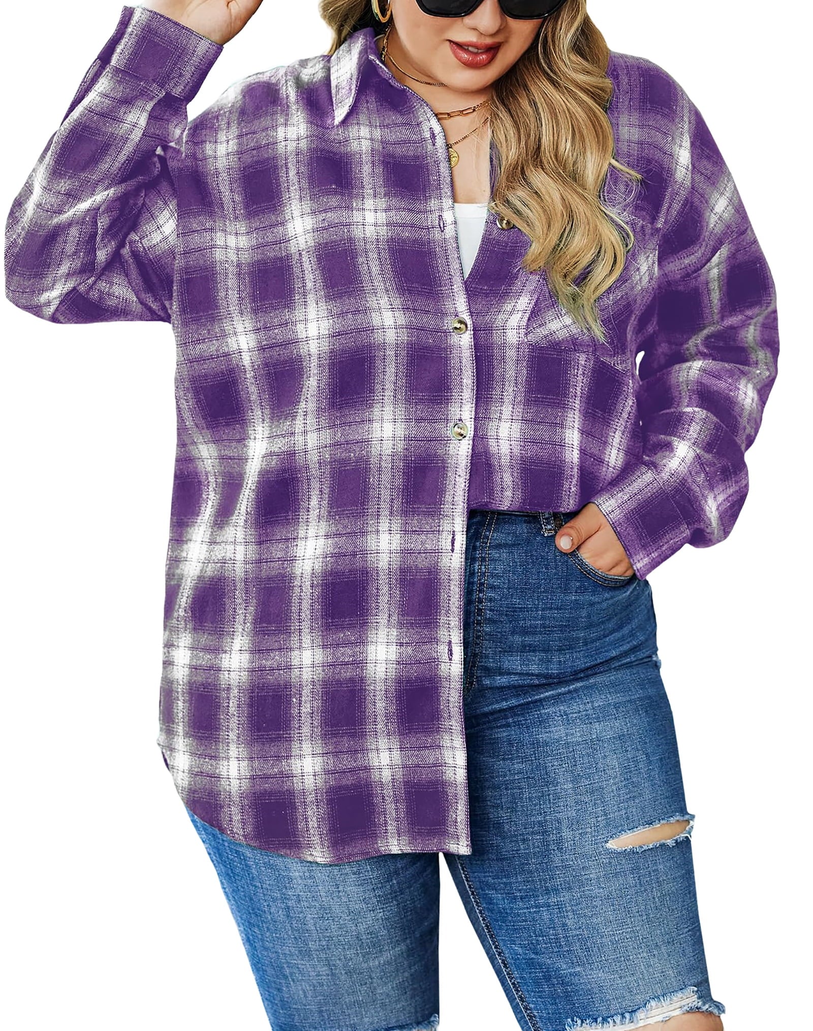 plus Size Flannel Plaid Shirts for Women Long Sleeve Button down Shirts Casual Loose Blouses Tops