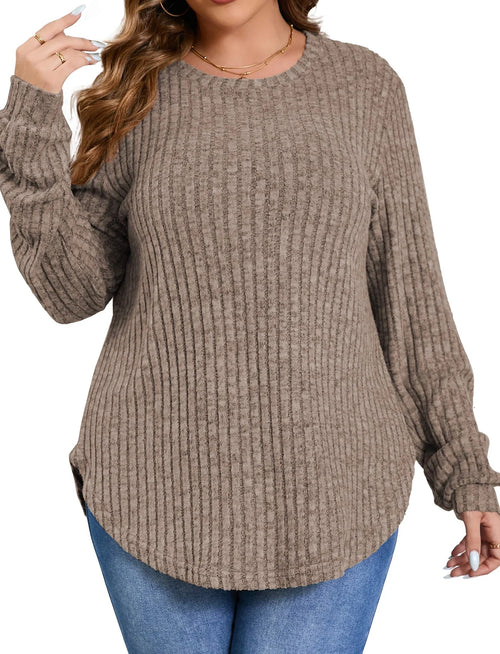Crewneck Long Sleeve Shirts Loose Tunic Tops Curved Hem Fall Pullover