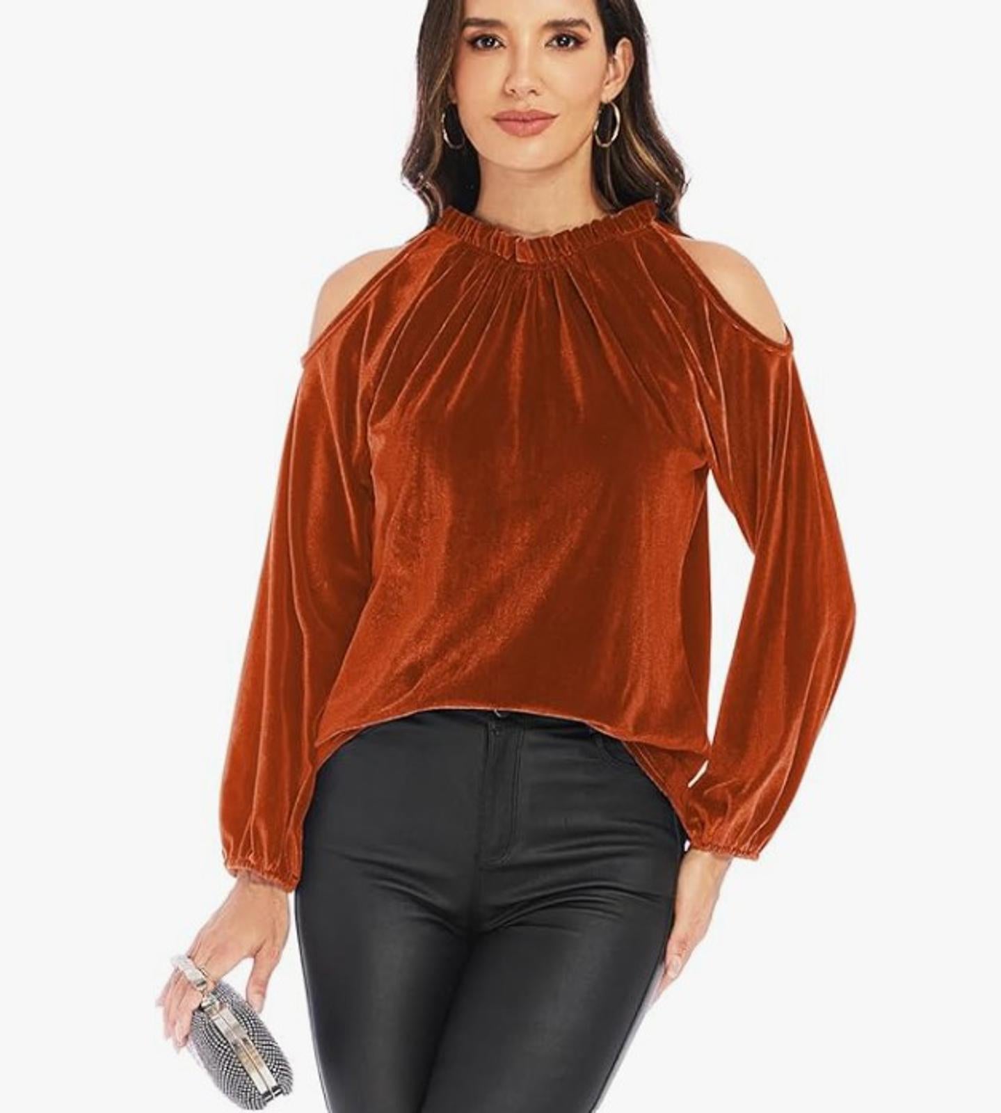 Women's Cold Shoulder Velvet Blouse - Rust Brown