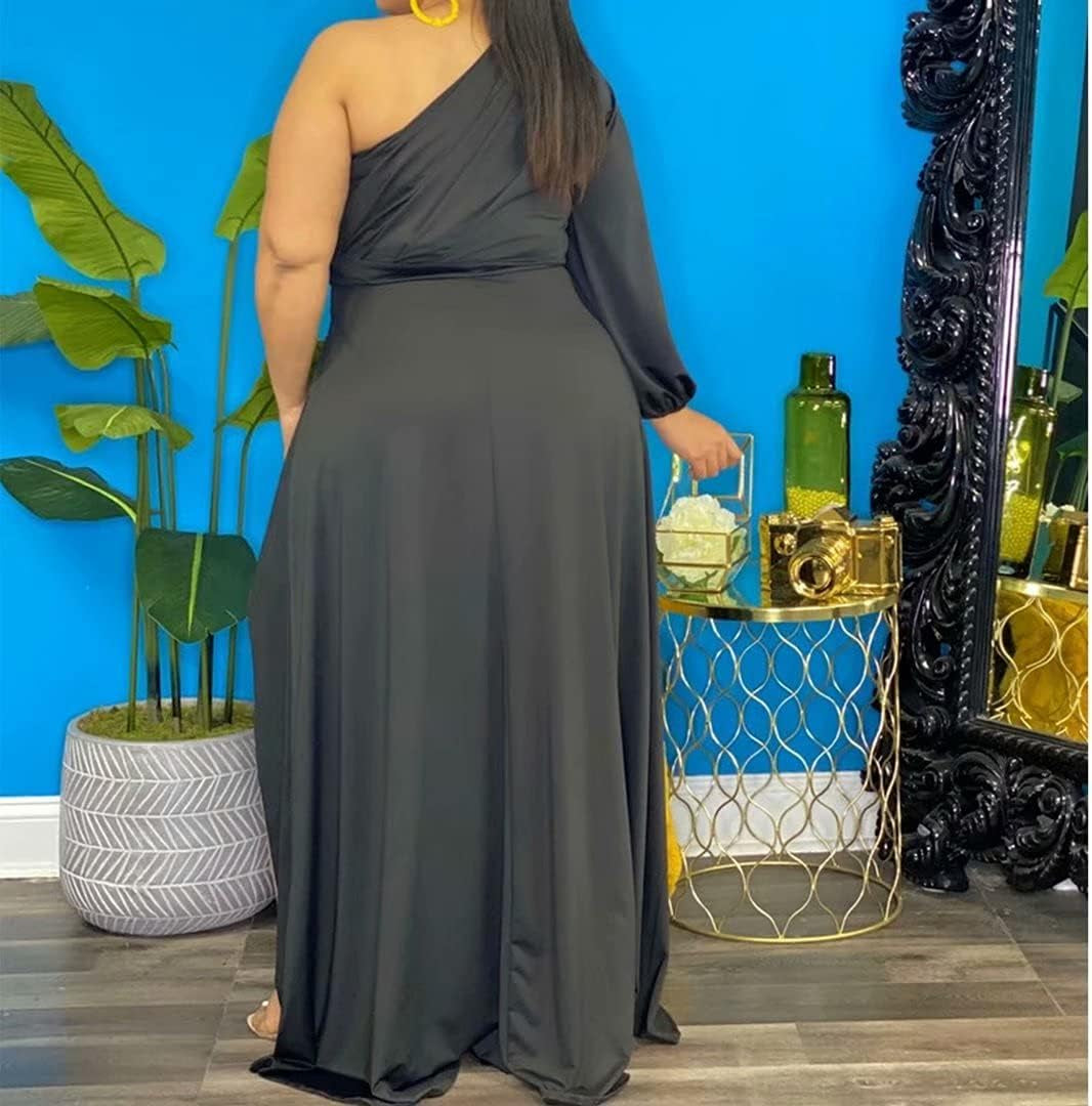 Plus Size Dresses for Women Clubwear - One Shoulder Long Sleeve Ruched High Low Maxi Dress Party Gowns Black 2X