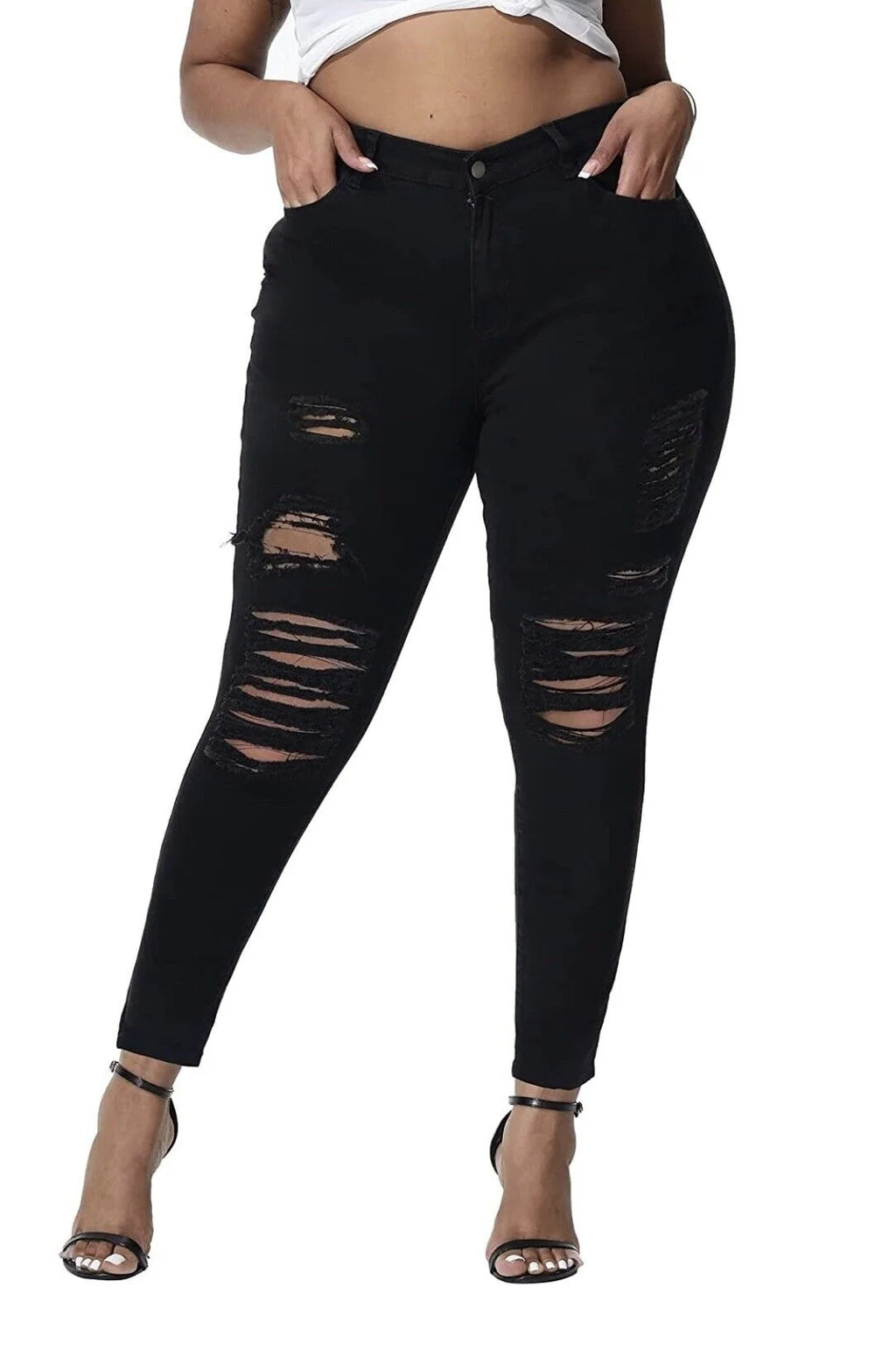 Womens plus Size Stretch Distressed Ripped Skinny Black Denim Jeans Pants (L0023XL)