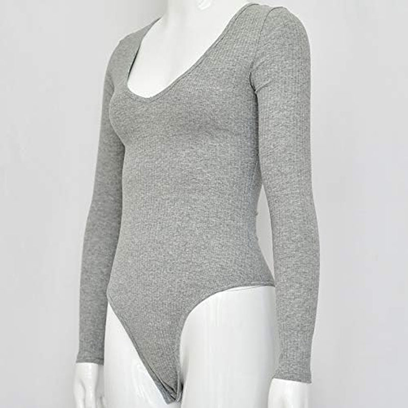 Womens Sexy V Neck Bodysuit Basic Ribbed Long Sleeve Jumpsuits Tops for Women Fall Tops