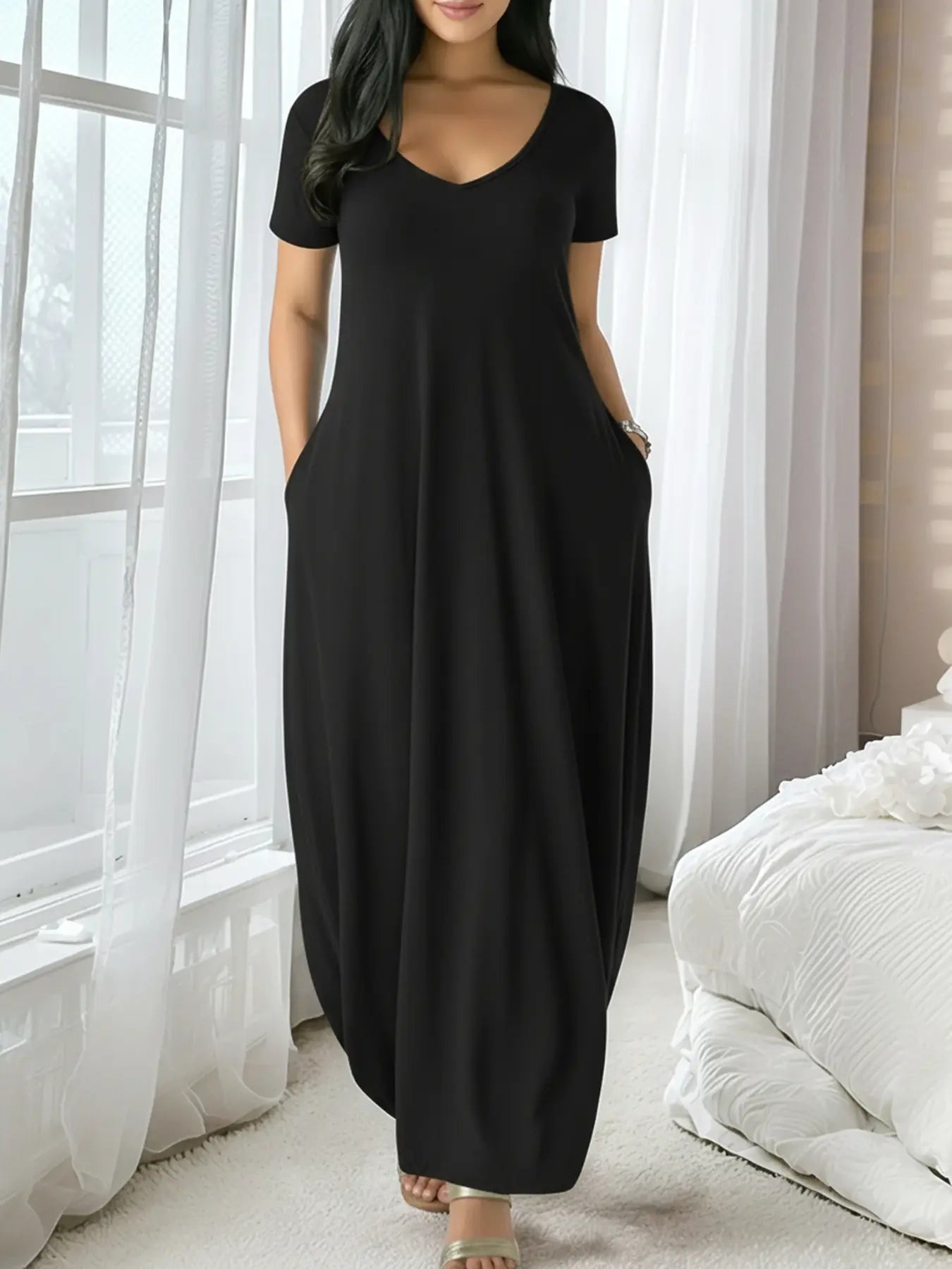 Women'S Long Fitted Coffee Dress, Large round Neck Short Sleeve Pocket Sleepwear, Casual Home Clothing Soft Fabric All Seasons Wear