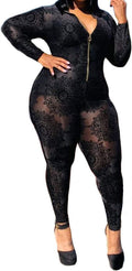 Women'S Sexy plus Size See through Jumpsuit Sheer Mesh Bodycon Floral Jumpsuit plus Size Clubwear Rompers