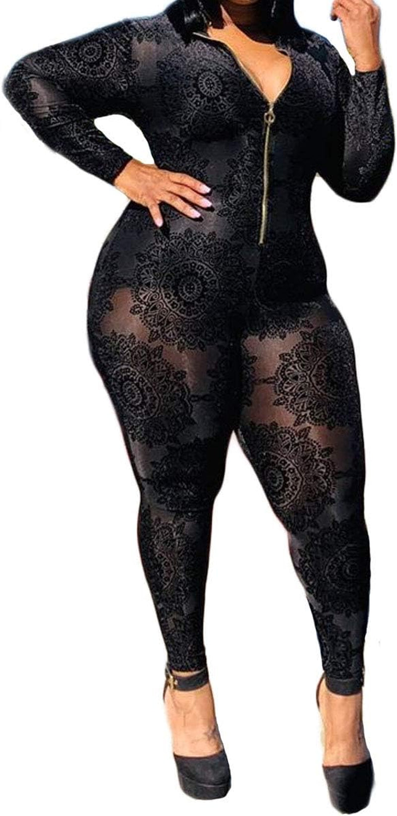 Women'S Sexy plus Size See through Jumpsuit Sheer Mesh Bodycon Floral Jumpsuit plus Size Clubwear Rompers