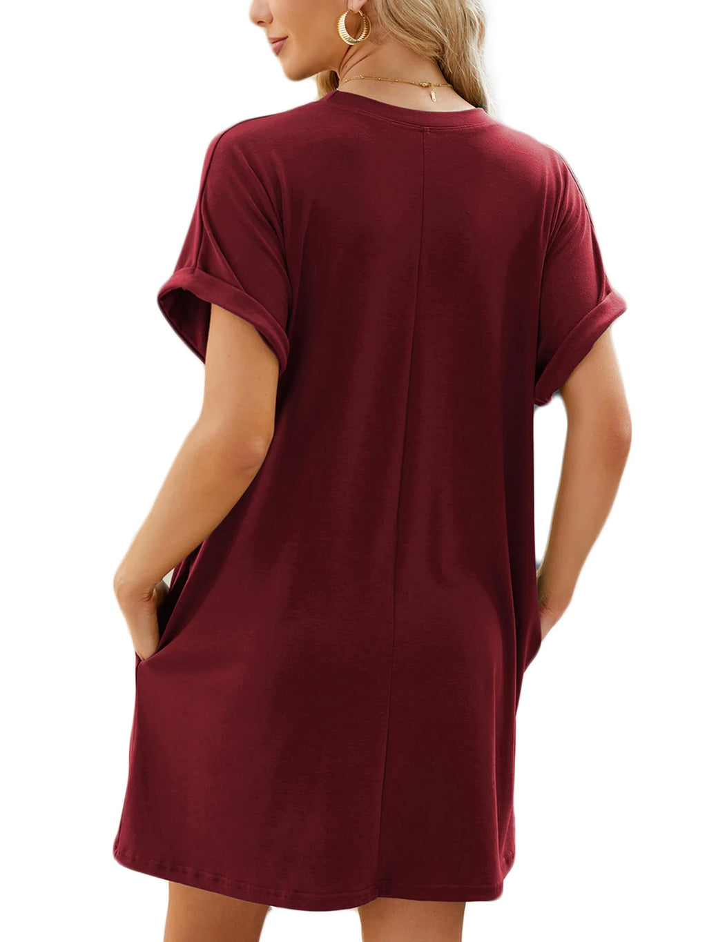 Women'S Summer Casual T Shirt Dresses Short Sleeve Tunic Swing Dress Pockets Loose Fit Sundress Solid Color Winered Size M