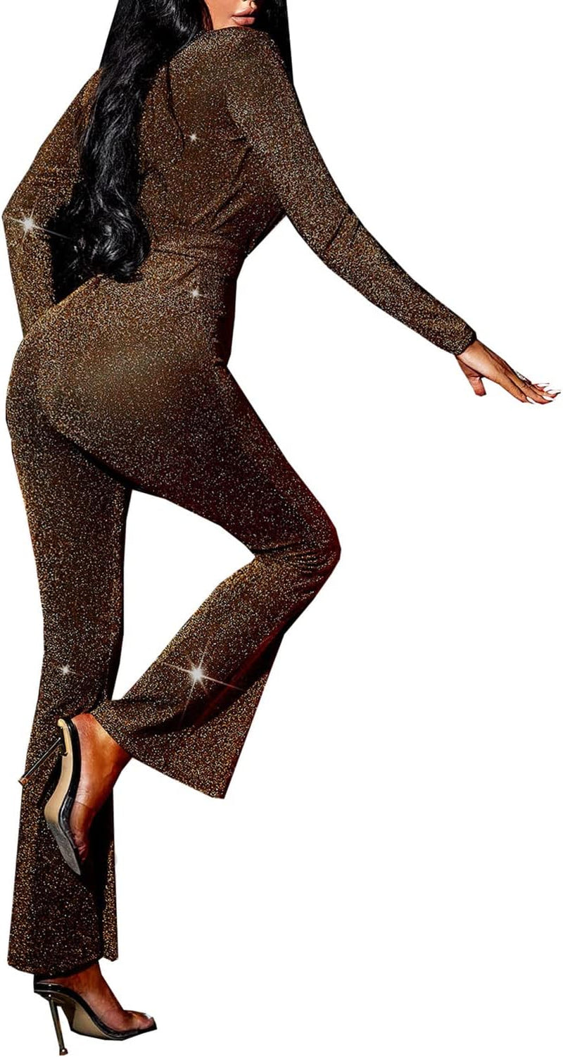 Women'S Sexy Sparkly Jumpsuits Long Sleeve Elegant Party High Waisted Bell Pants Clubwear Jumpsuit Rompers(Medium.10930 Gold)