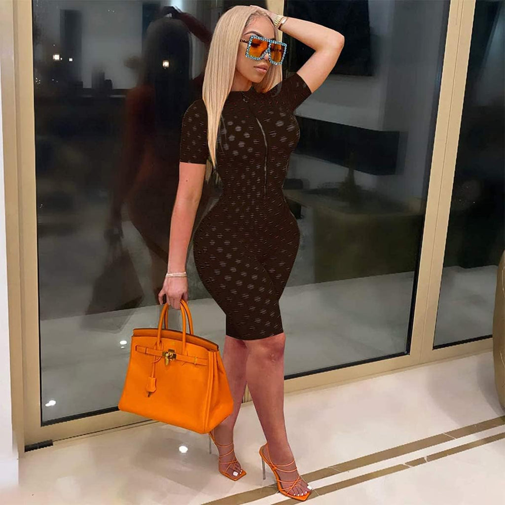 Women'S Sexy Bodycon Jumpsuits See through Short Sleeve Hollow Out Zipper Front One Piece Outfits