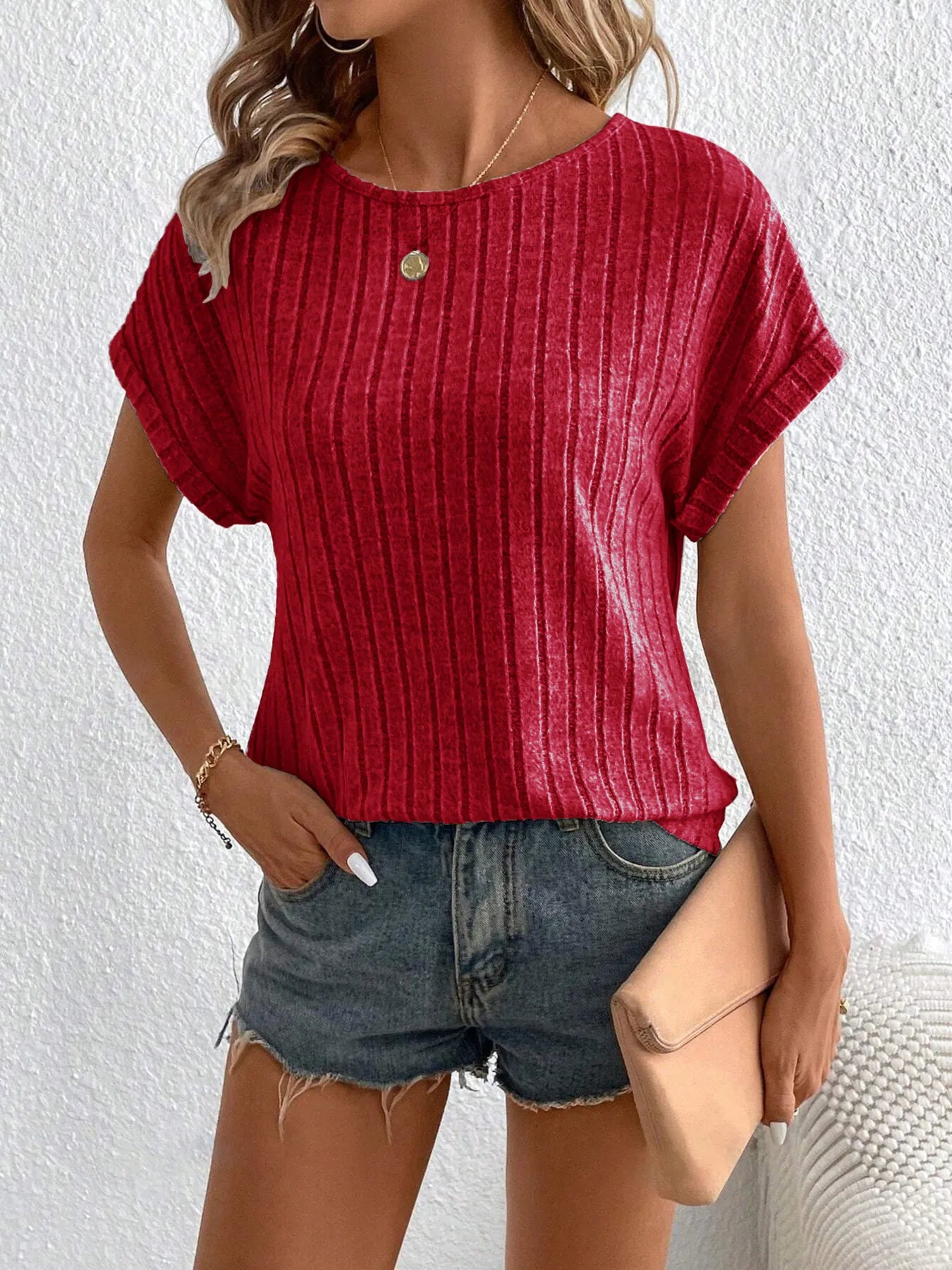 Plus Size Ribbed Texture Short Sleeve T-Shirt