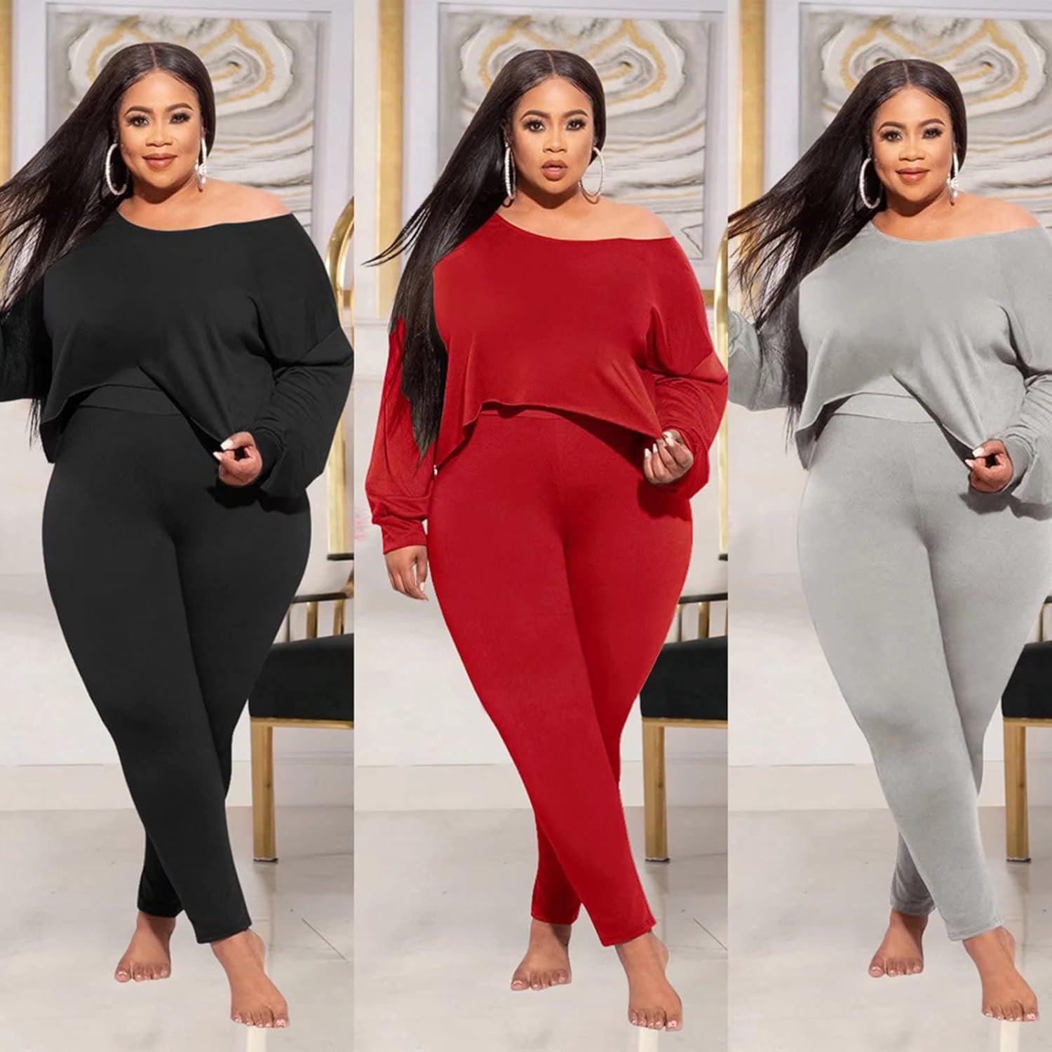 Plus Size 2 Piece Outfits for Women Sexy Clubwear off Shoulder Long Sleeve Shirt Bodycon Pants Sets Tracksuit Casual Red XXL